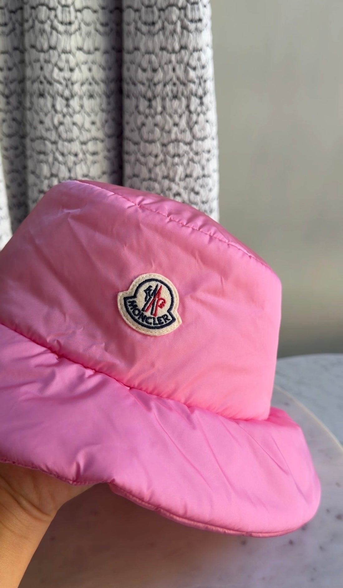 Moncler Pink  Light Nylon Puffer Logo Bucket Hat - M