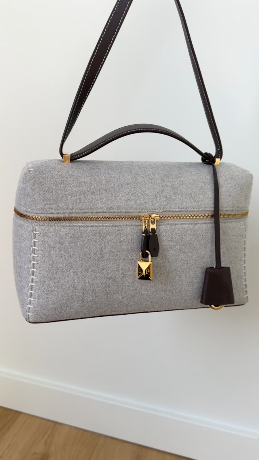 Loro Piana Extra L27 Grey Cashmere and Dark Brown Leather Zip Bag