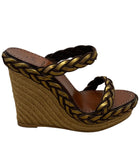 Christian Louboutin Brown and Gold Braided Leather Espadrille Wedge Sandal - 40