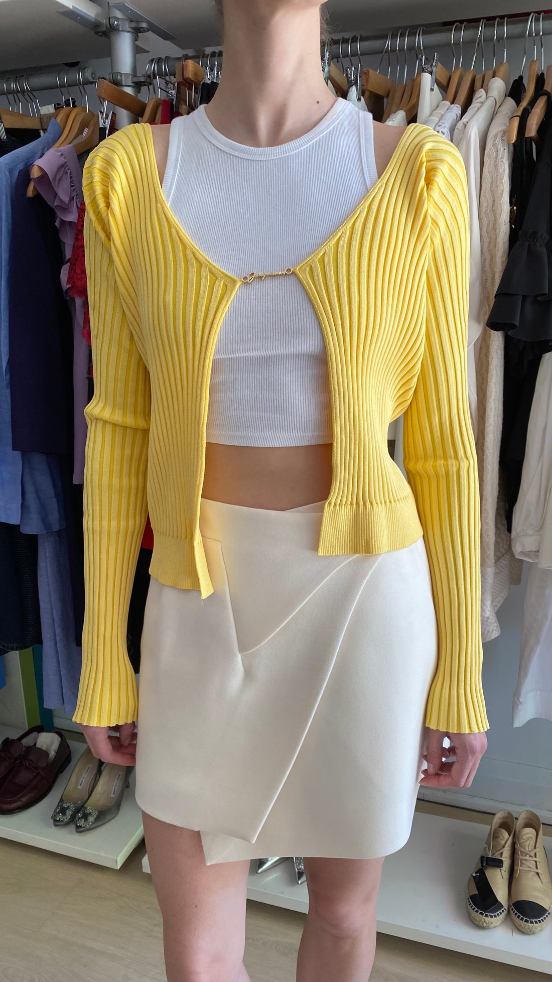Jacquemus Yellow “La Maille Pralù” Rib Knit Logo Hardware Cardigan - IT 38 / US 2-4