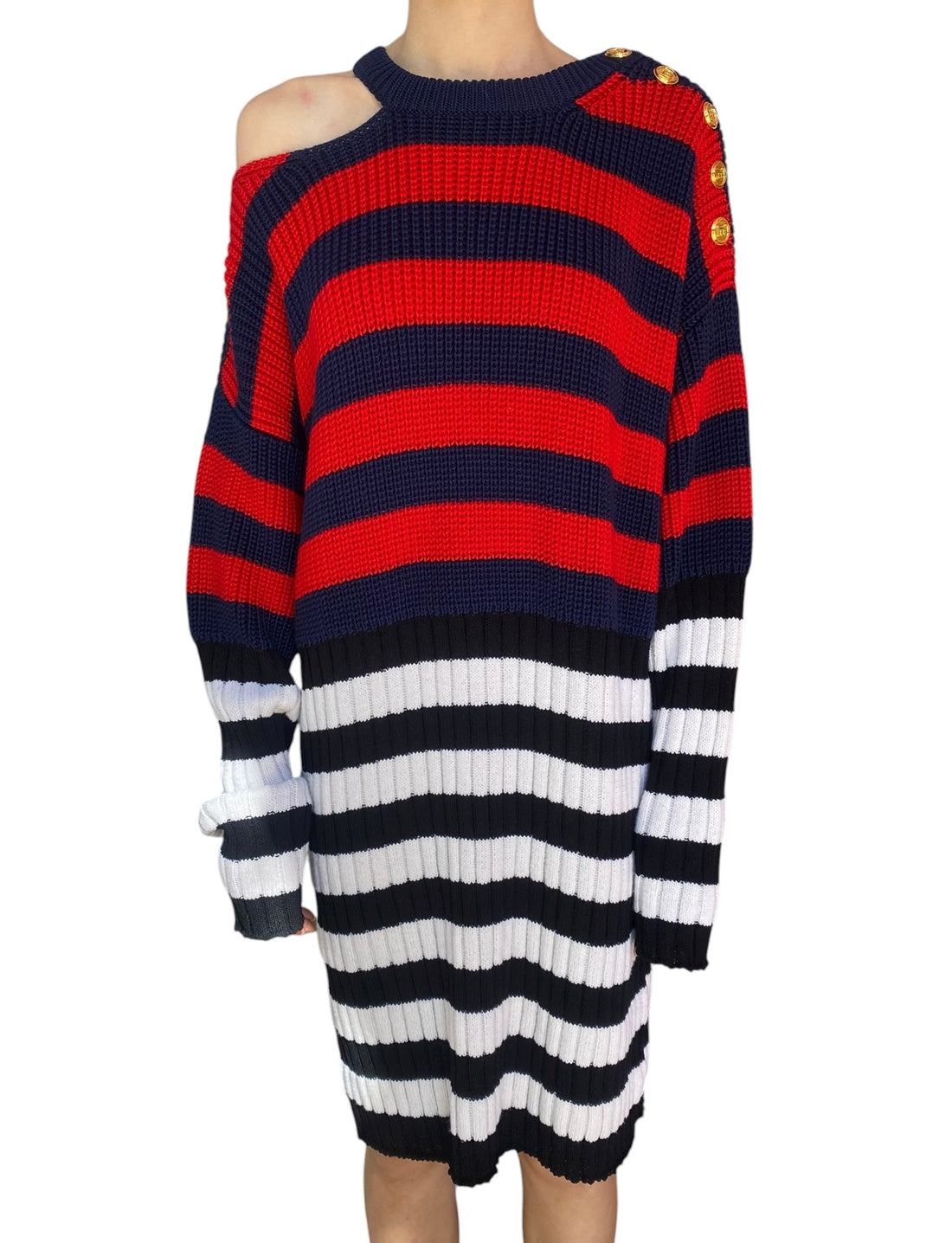 Balmain Red Striped Off-Shoulder Sweater Dress - 38 / US 6