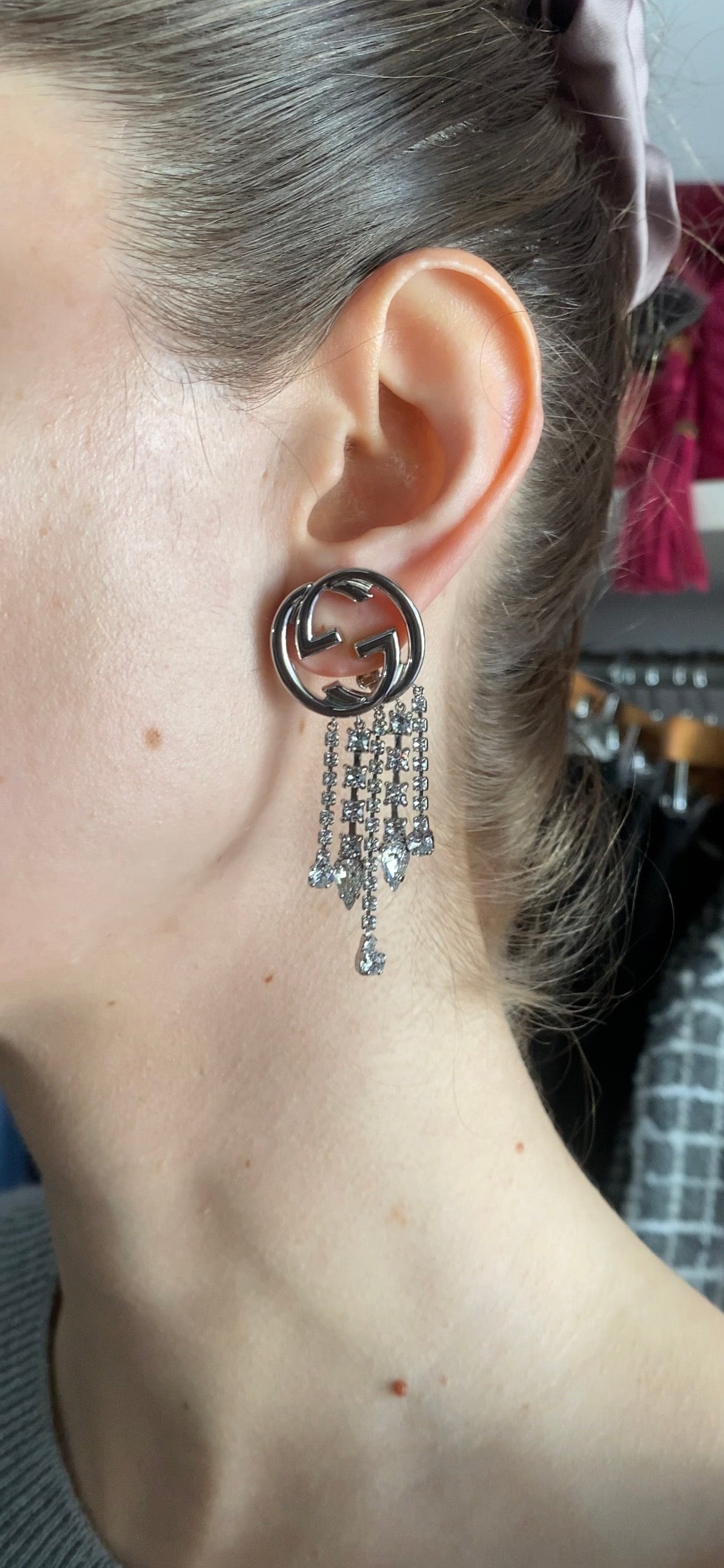 Gucci Silvertone Crystal Fringe Interlocking GG Mono Clip Earring