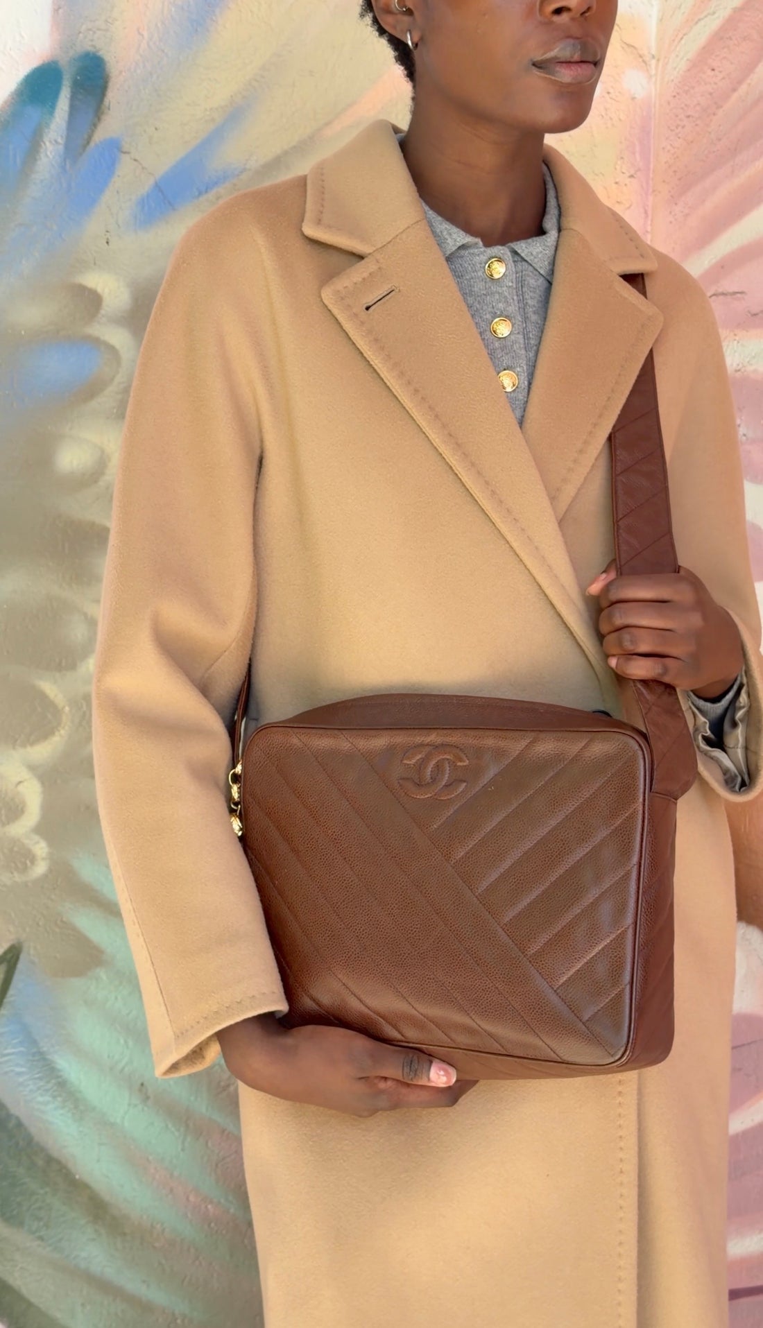 Chanel Brown Vintage 1991 Brown Caviar Leather Chevron Quilted Jumbo Camera Bag