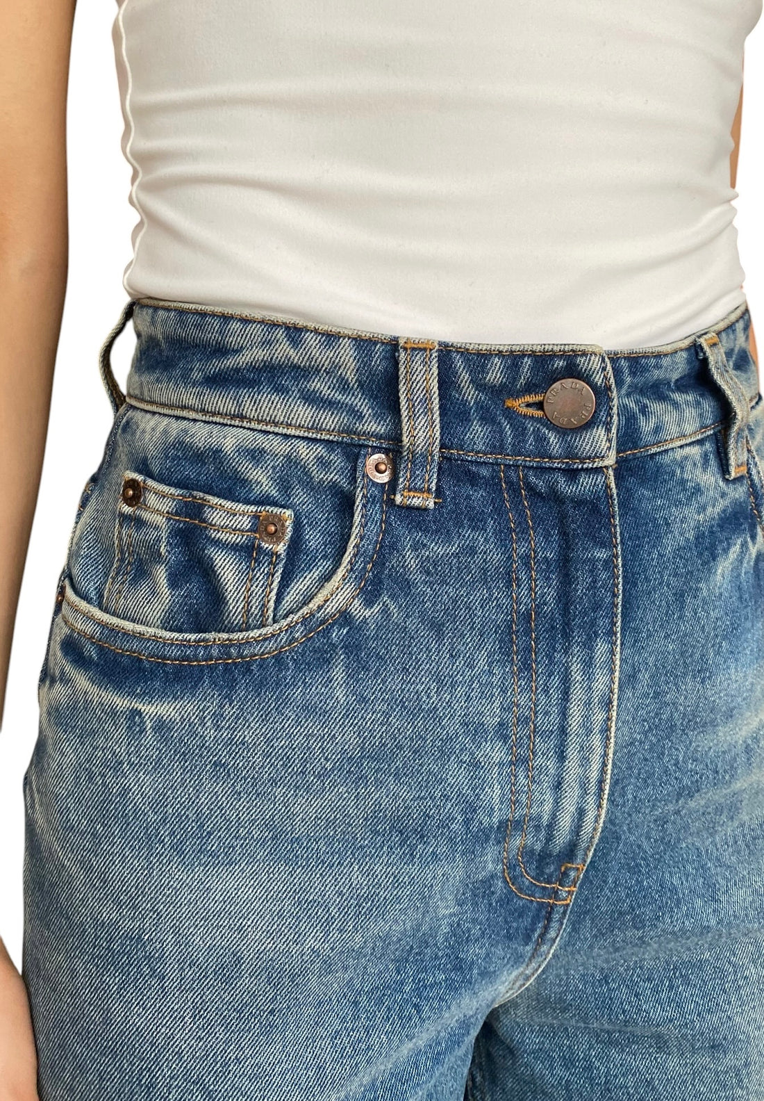 Prada Blue High Waisted Wide Leg Logo Jeans - W25
