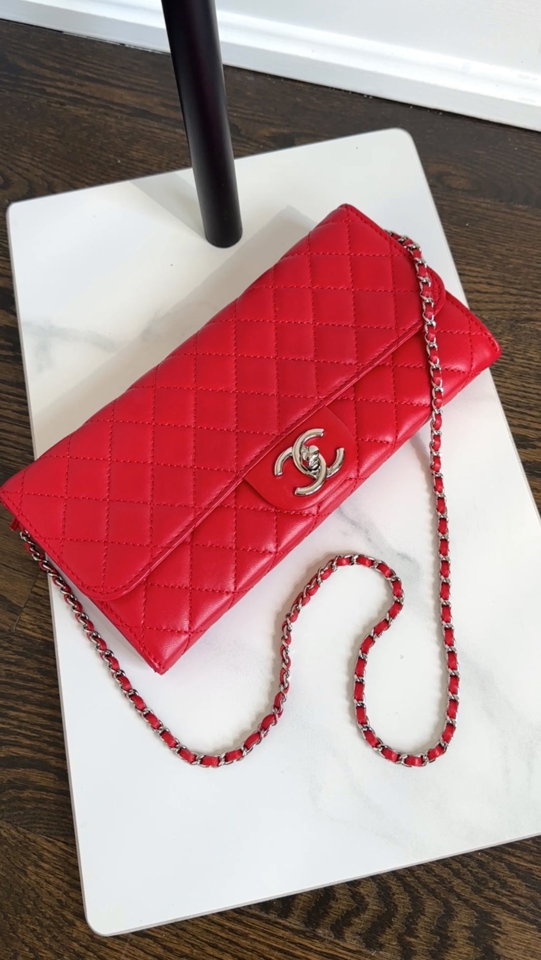 Chanel Red Lambskin Quilted Leather East West Accordion Wallet on Chain Bag