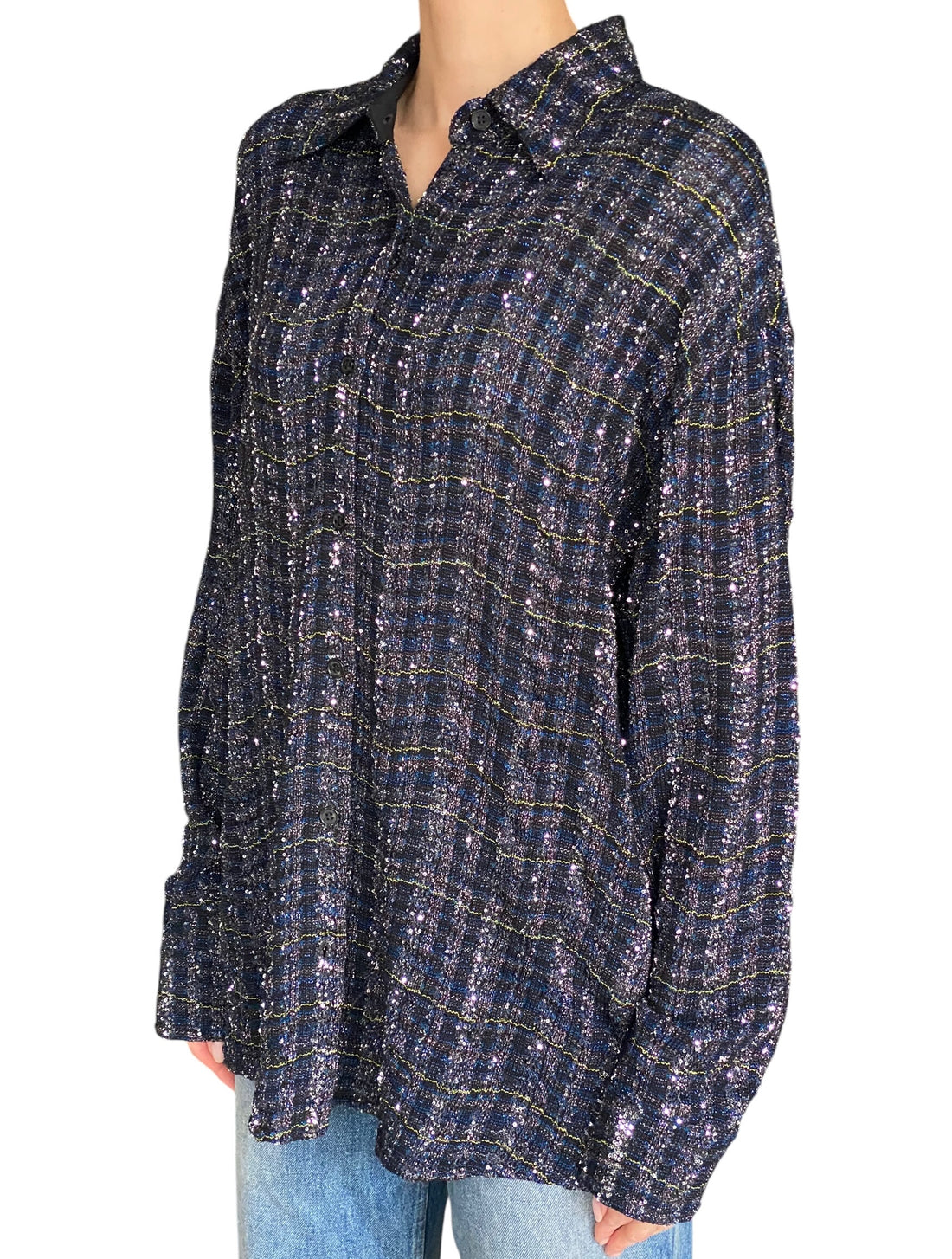 Missoni Navy Sequin Tweed Checked Long Sleeve Shirt - 40 / US 4-6