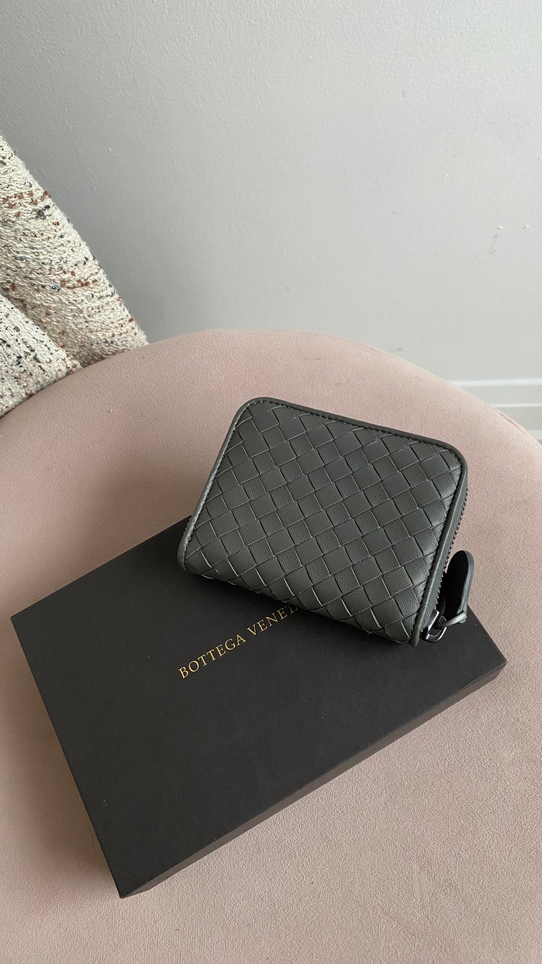 Bottega Veneta Grey Intrecciato Leather Zip Compact Wallet