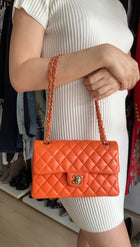 Chanel Small Orange Lambskin Leather Small Double Classic Flap Bag LGHW