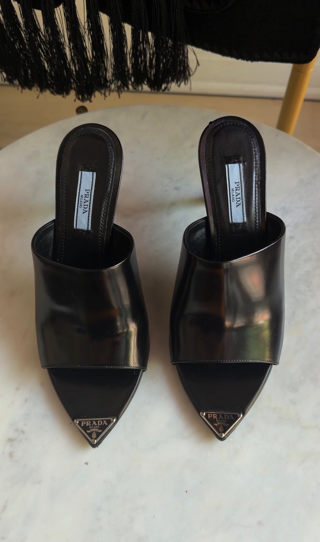 Prada Black Brushed Leather Open High Heel Mules - 37