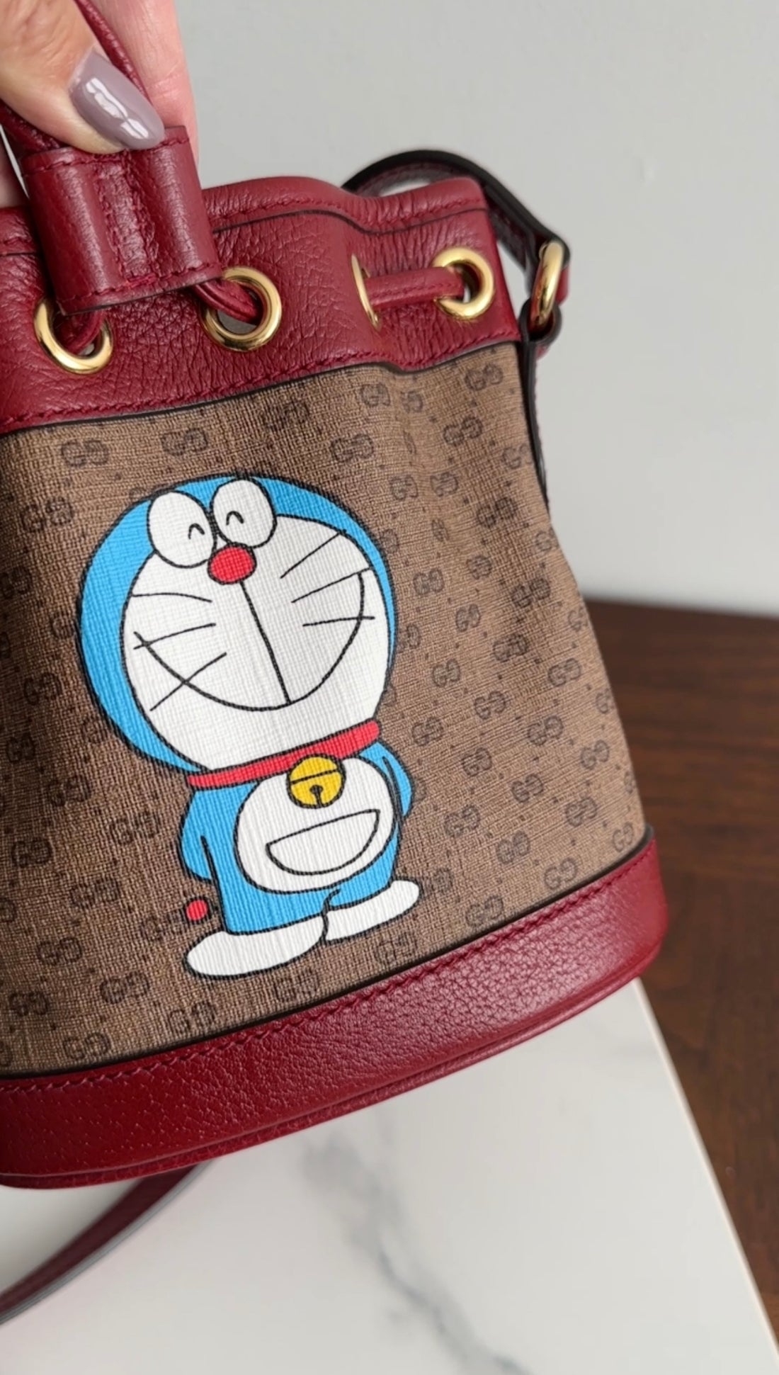 Gucci x Doremon Burgundy Monogram Candy Mini Bucket Bag