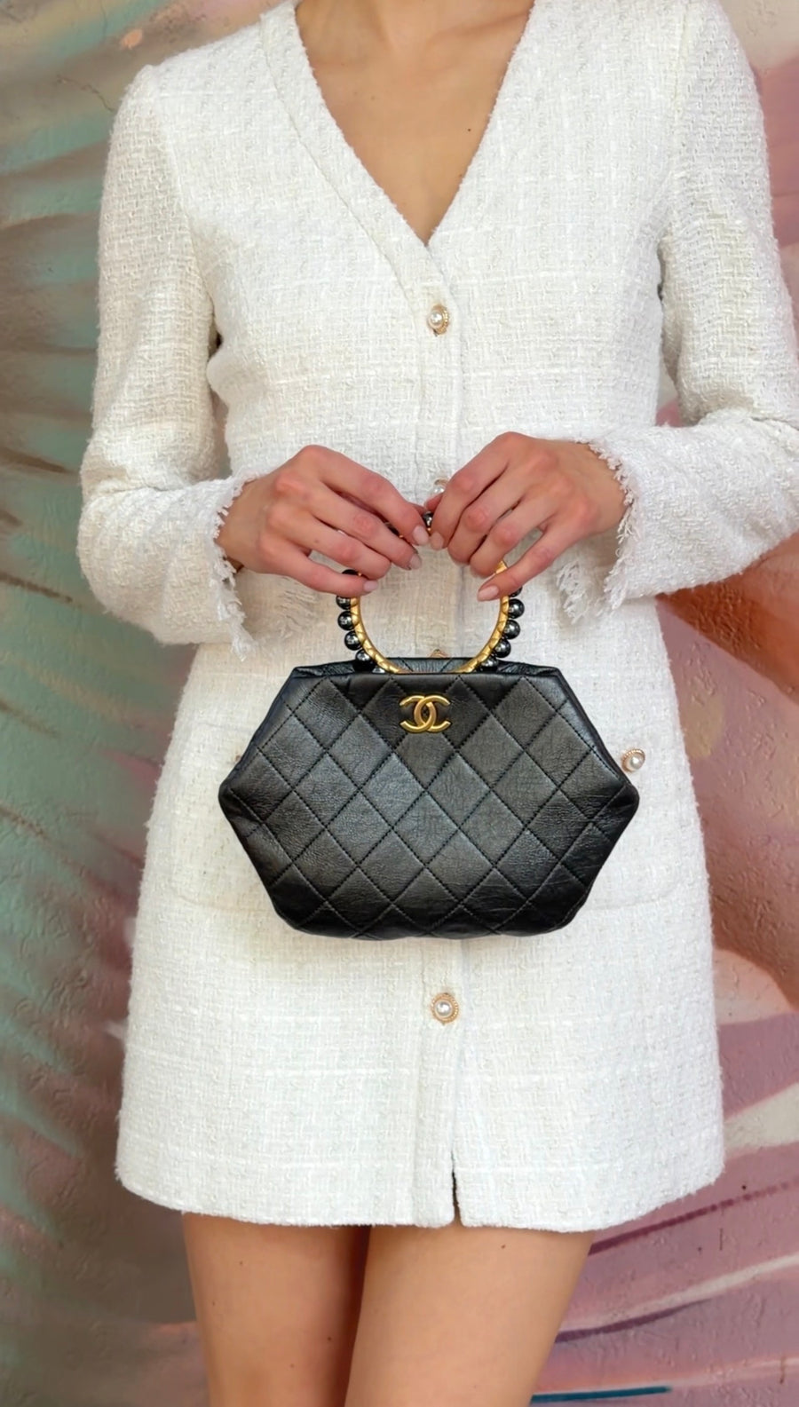 Chanel Quilted Dark Charcoal Grey Aged Lambskin Pearl Crown Clutch Bag