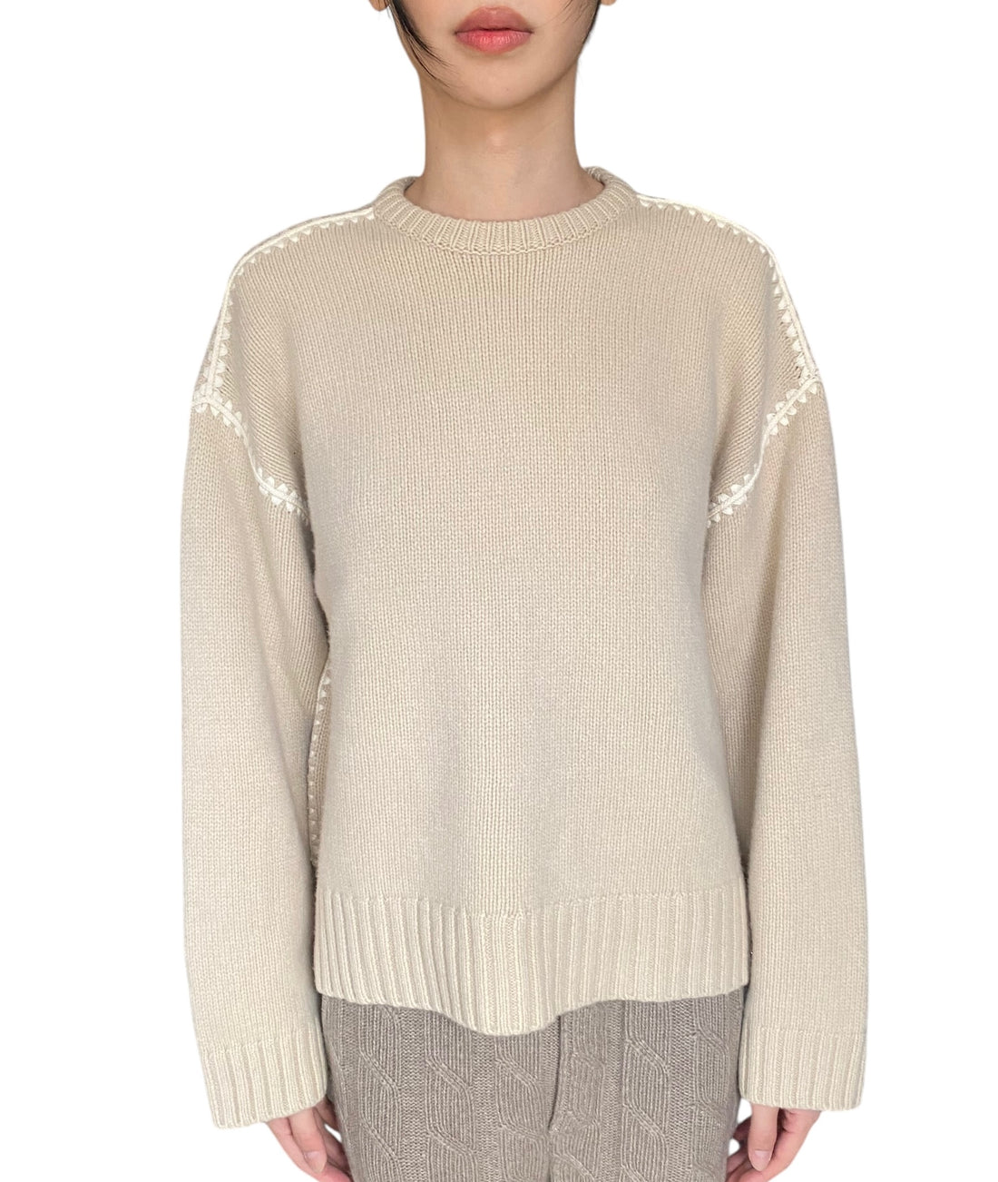 Toteme Beige Embroidered Trim Wool Cashmere Knit Sweater - XS