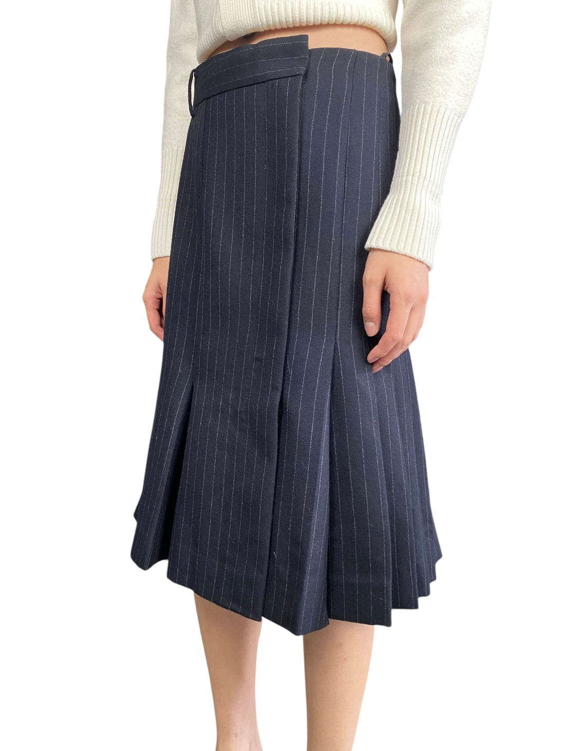 Sacai Navy Pinstripe Pleated Midi Skirt - JP 3 / L / US 8