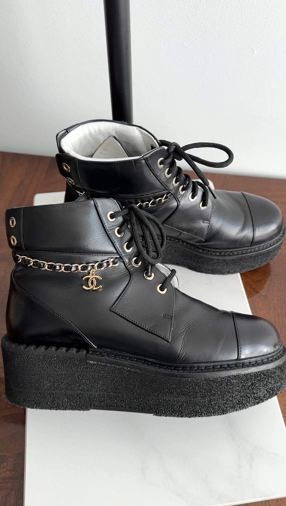 Chanel 2022 Black Leather Chain Platform Boots - 37.5 / 37