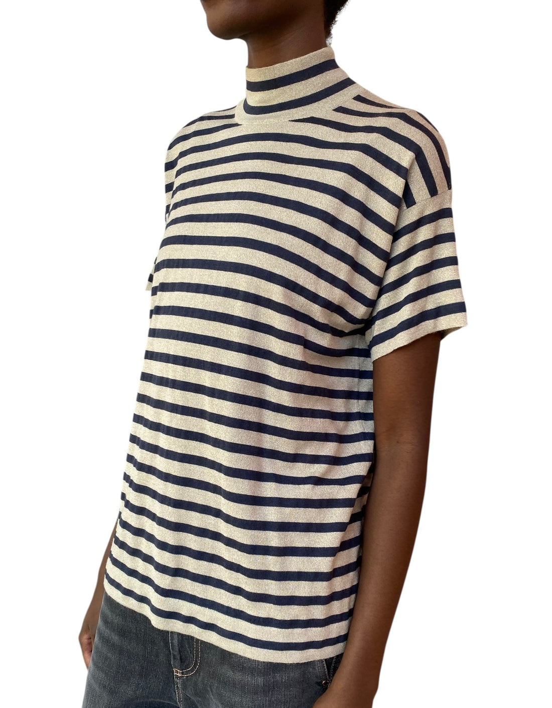 Brunello Cucinelli Navy and Beige Shimmer Stripe Turtleneck Top - M