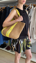 Chloe Yellow Logo Web and Natural Raffia Woven Basket Woody Tote