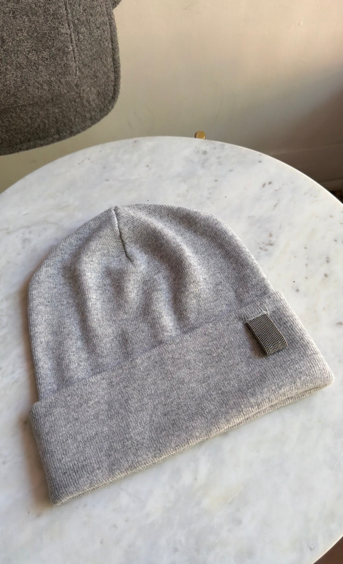 Brunello Cucinelli Light Grey Cashmere Stretch Knit Silver Monili Detail Toque Hat