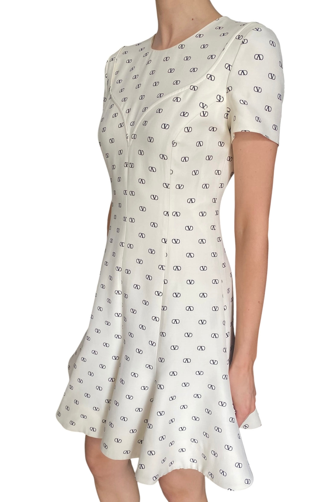 Valentino Ivory Wool & Silk "Logo Godet" Monogram Flared Mini Dress - IT 40 / US 4