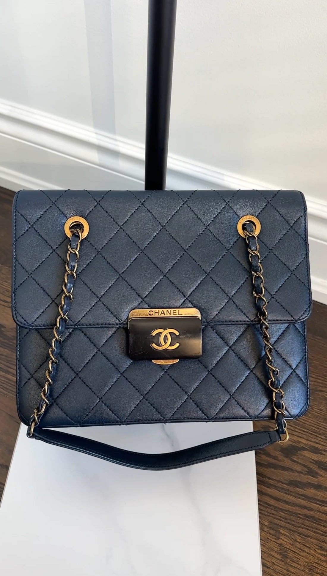 Chanel Navy Sheepskin Quilted Small Beauty Lock Chain Tote Bag