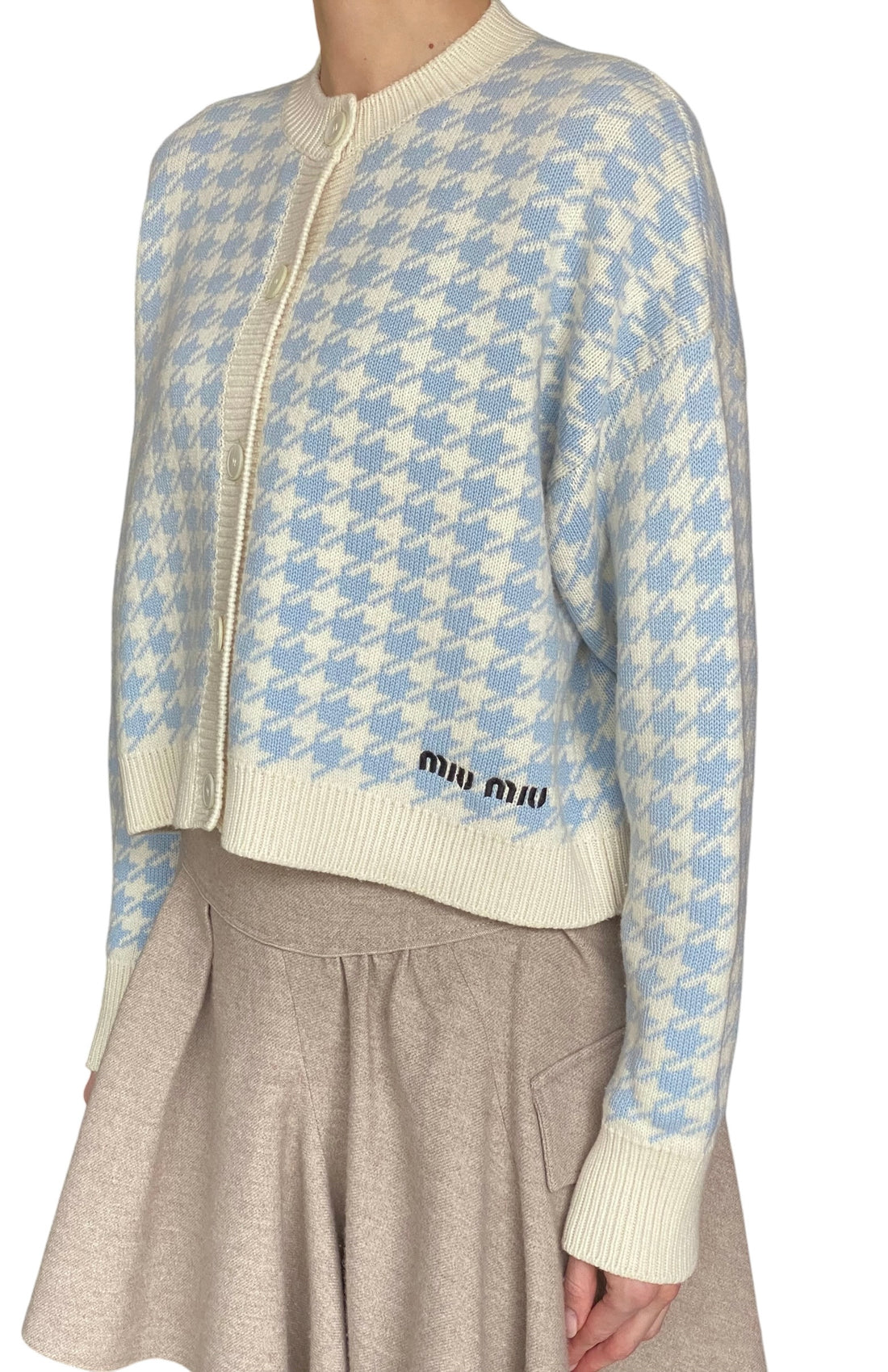 Miu Miu Blue Houndstooth Knit Cashmere Cardigan - IT 36 / US 4