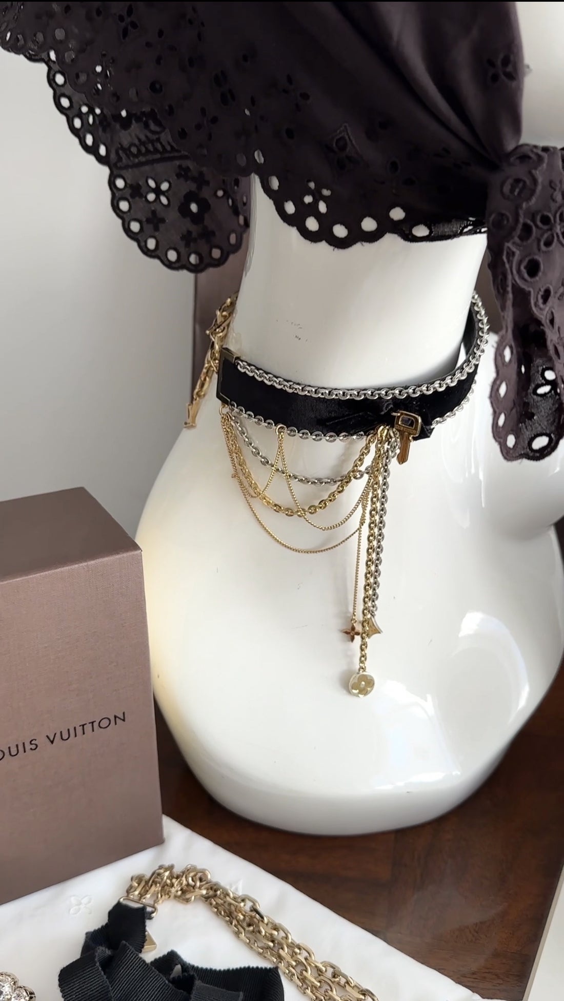 Louis Vuitton Black Velvet and Gold Chain Charms Choker Necklace
