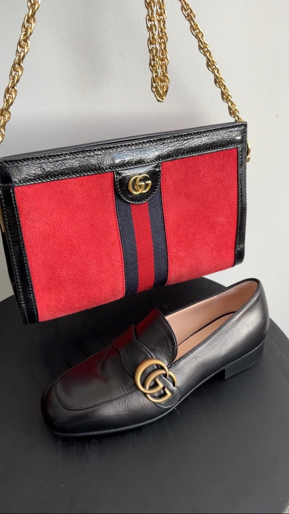 Gucci Red Suede Web Stripe Ophidia Chain Clutch Bag