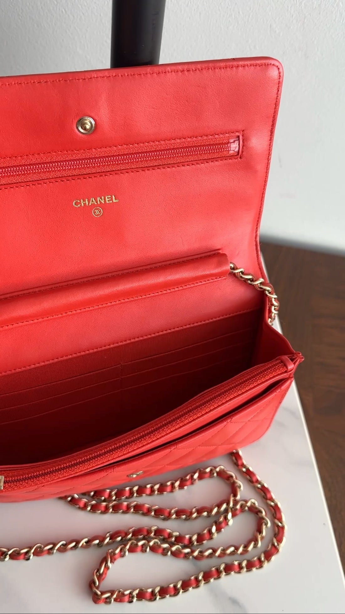 Chanel Red Quilted Leather Timeless Classic Wallet on Chain Bag
