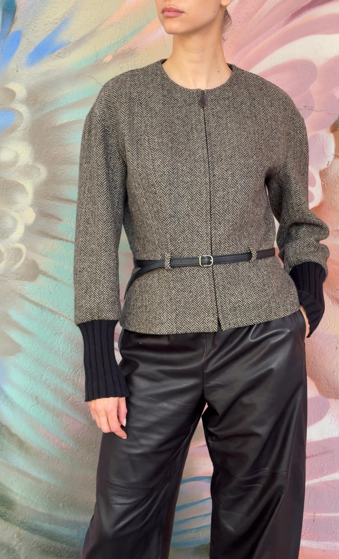 Hermes Brown Cashmere Herringbone Tweed Rib Knit Cuff Belted Jacket - F40