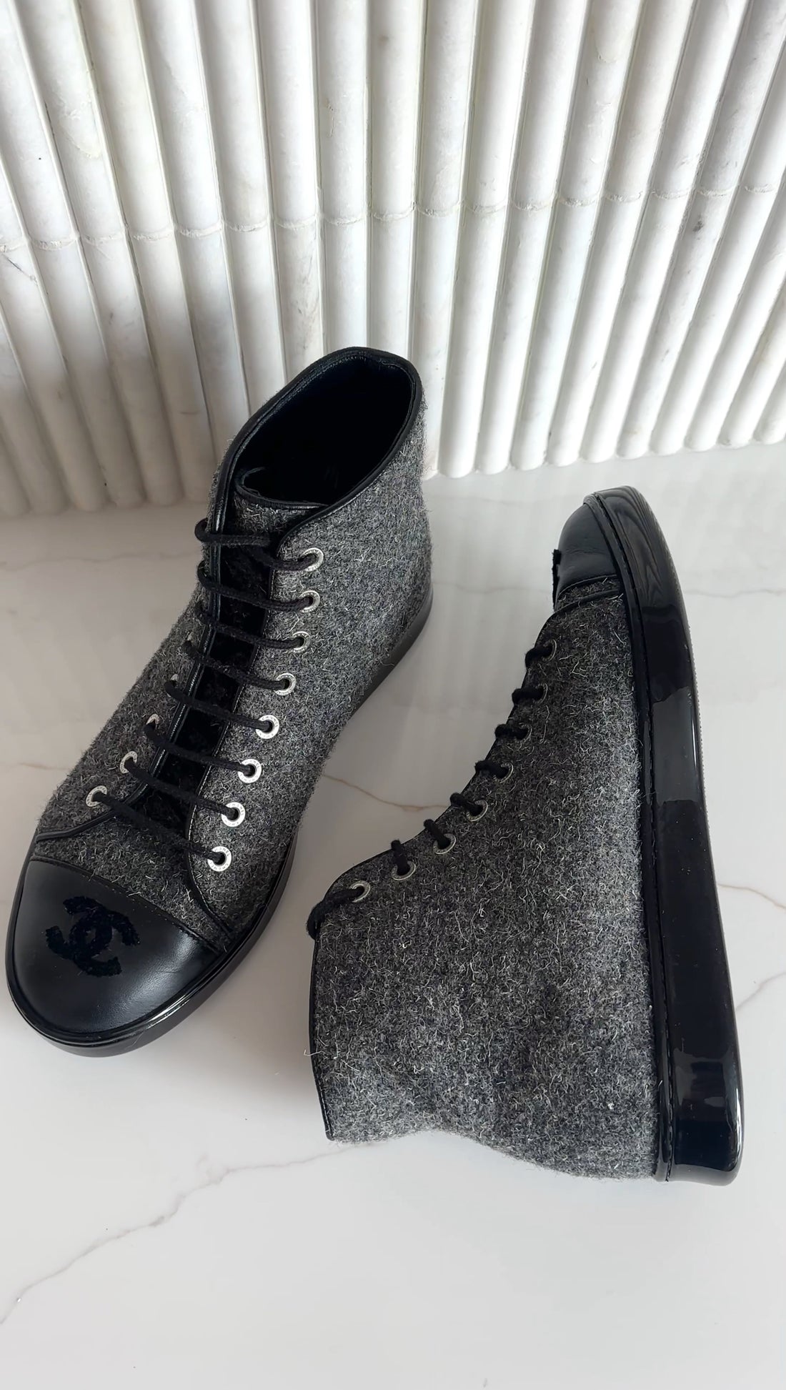 Chanel Charcoal Grey Felt and Black Cap Toe High Top Sneaker - 36.5