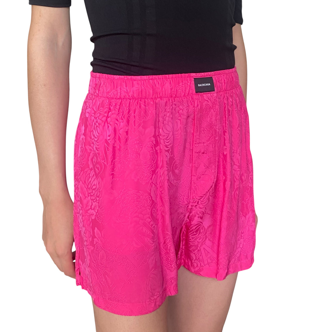 Balenciaga Pink Satin Floral Jacquard Logo Pyjama Shorts - 34