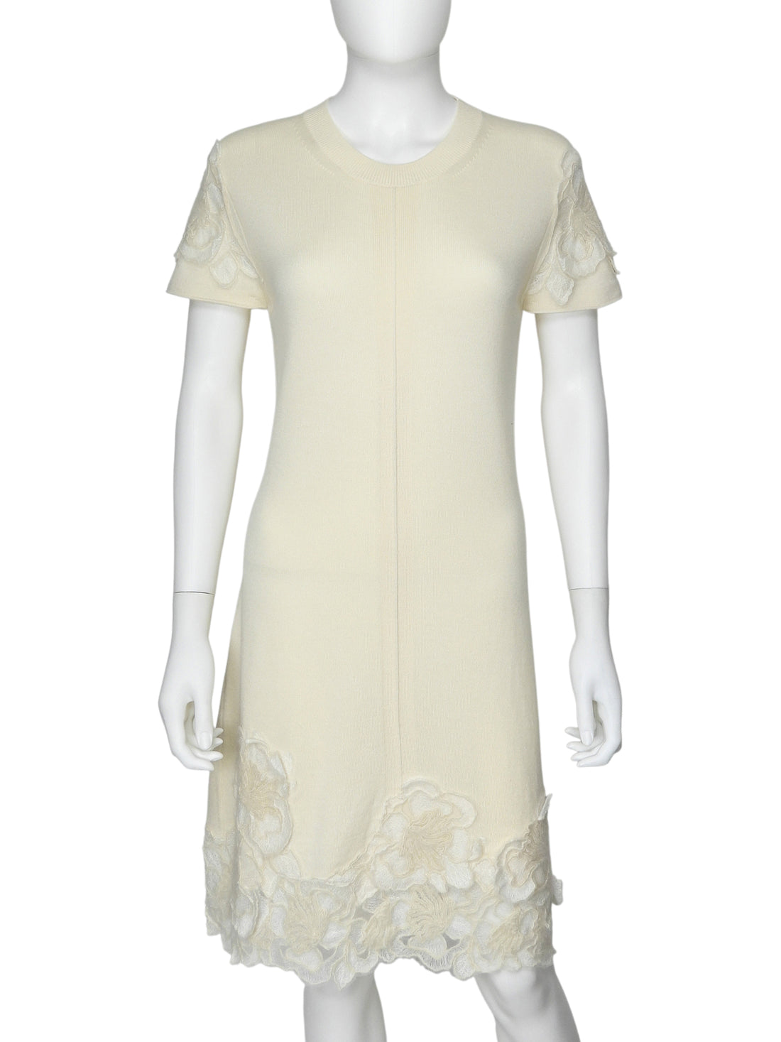 Ermanno Scervino Ivory Short Sleeve Wool Knit Dress w Embroidery - 48 / L