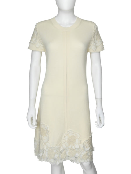 Ermanno Scervino Ivory Short Sleeve Wool Knit Dress w Embroidery - 48 / L