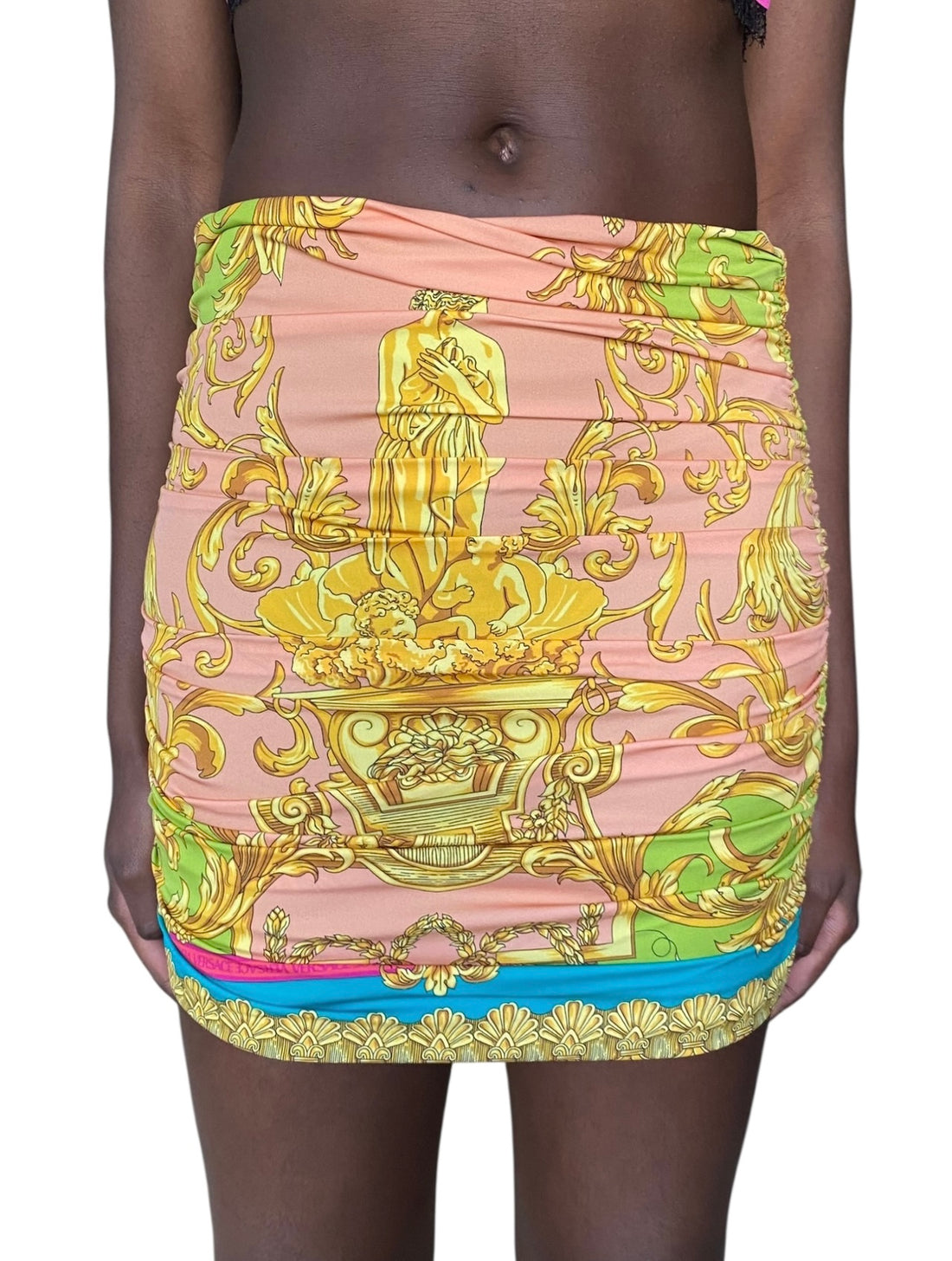 Versace Pink & Green “Borocco Goddess” 2-Piece Silk Bralette / Skirt Set - 40 / US 4