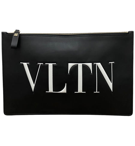 Valentino Black Leather VLTN Flat Pouch