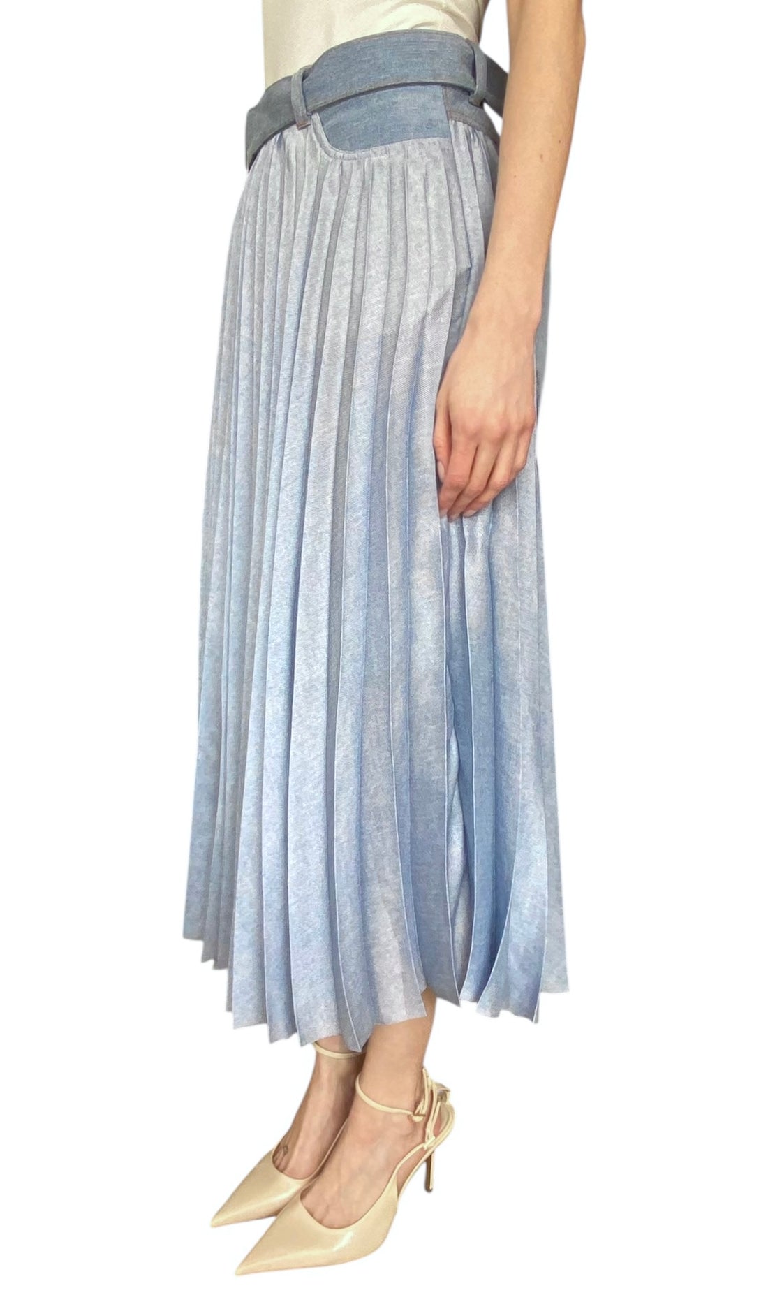 Sacai Blue Denim Pleated Belted Midi Skirt - JP 2 / US 6