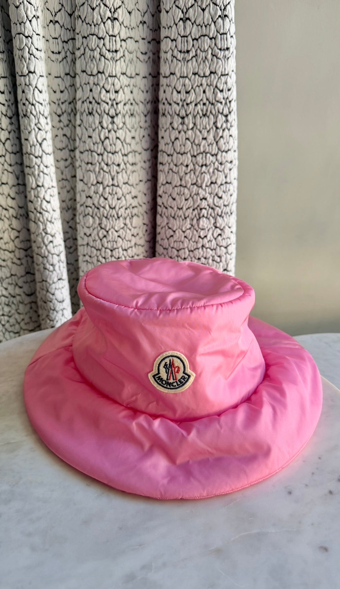 Moncler Pink  Light Nylon Puffer Logo Bucket Hat - M