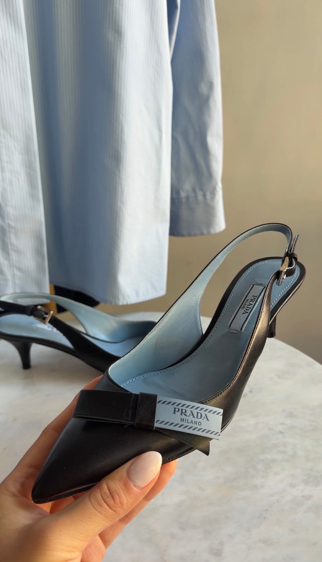 Prada Black Blue Smooth Leather Logo Ribbon Pointed Slingback Kitten Heels - 35.5
