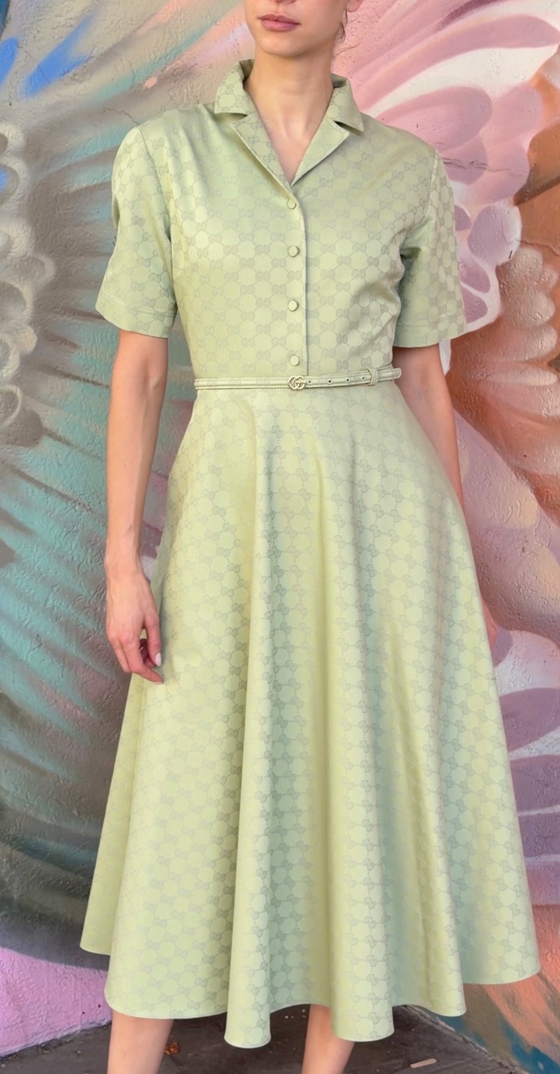 Gucci Green 2025 Gucci GG Monogram Cotton Gabardine Half Button Belted Shirt Dress - 42