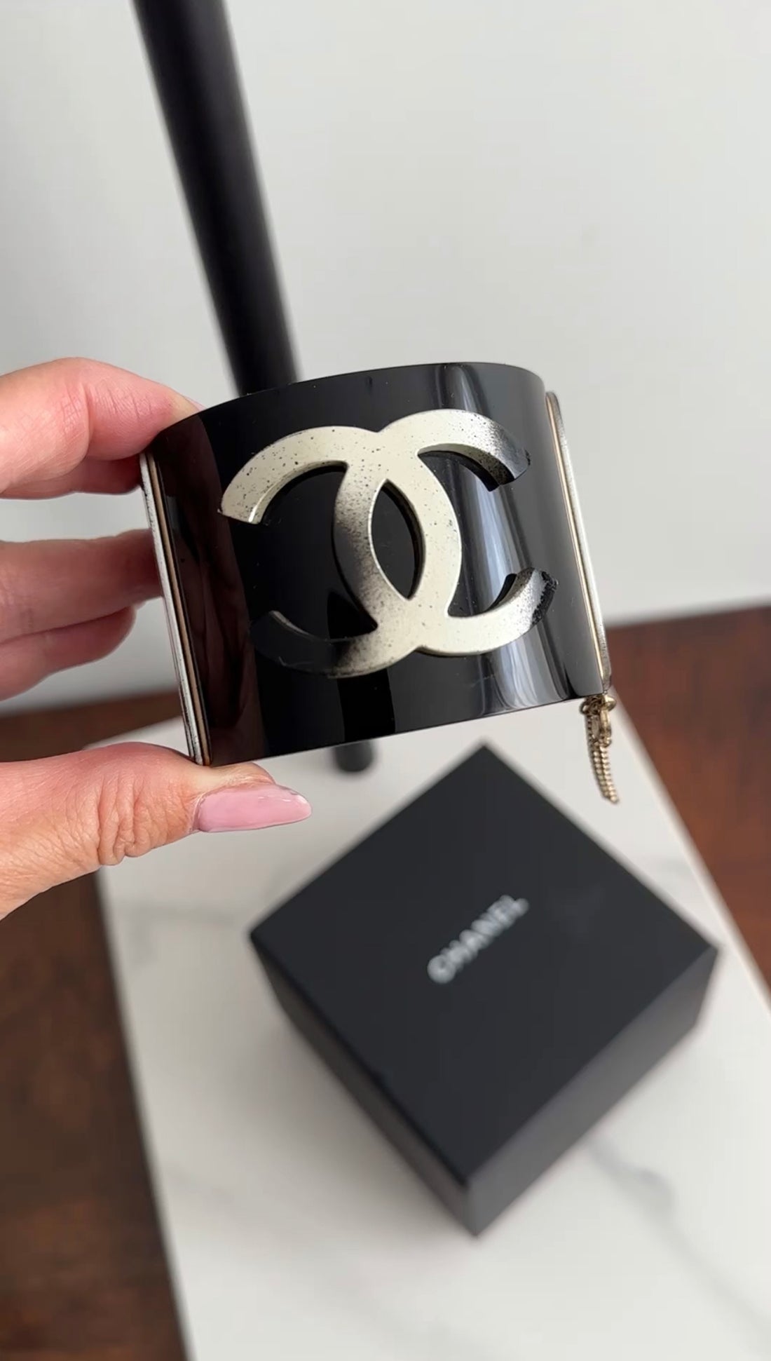 Chanel 14A Black Resin CC Goldtone Cuff Bracelet