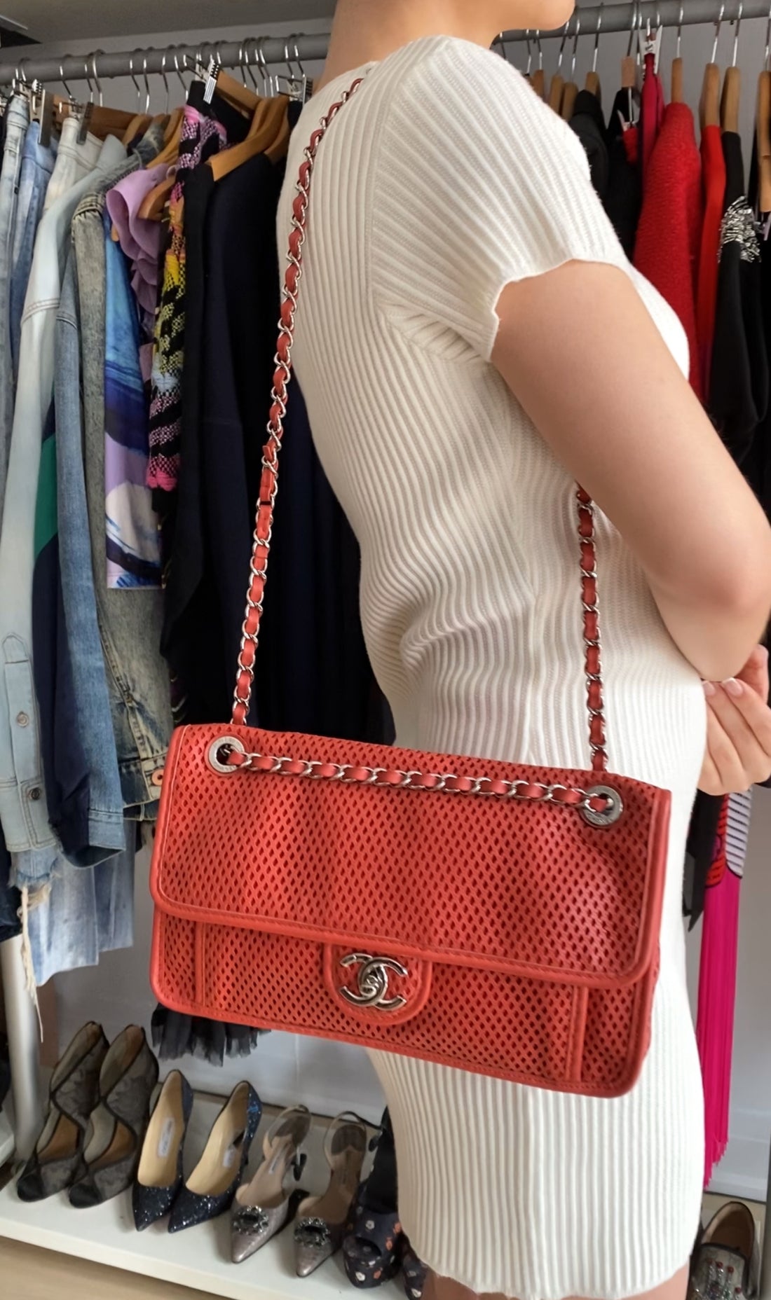 Chanel Red Perforated Leather Large Up In The Air Flap Bag