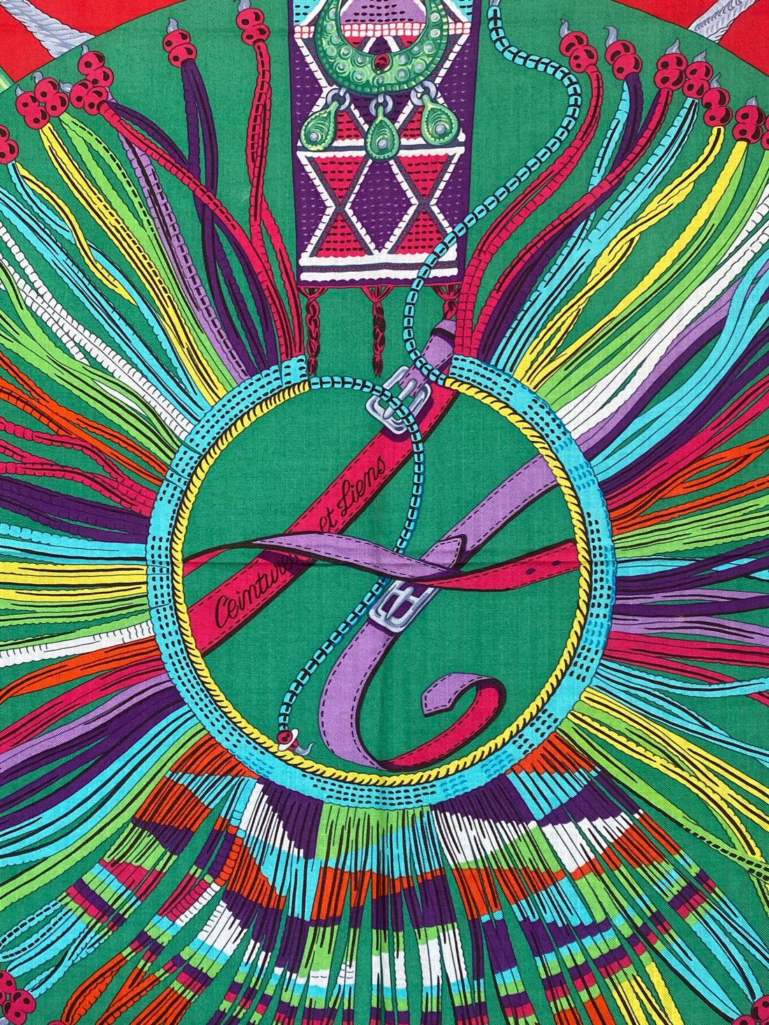 Hermes 140cm Silk Cashmere Cientures et Liens Pink Green Shawl Scarf