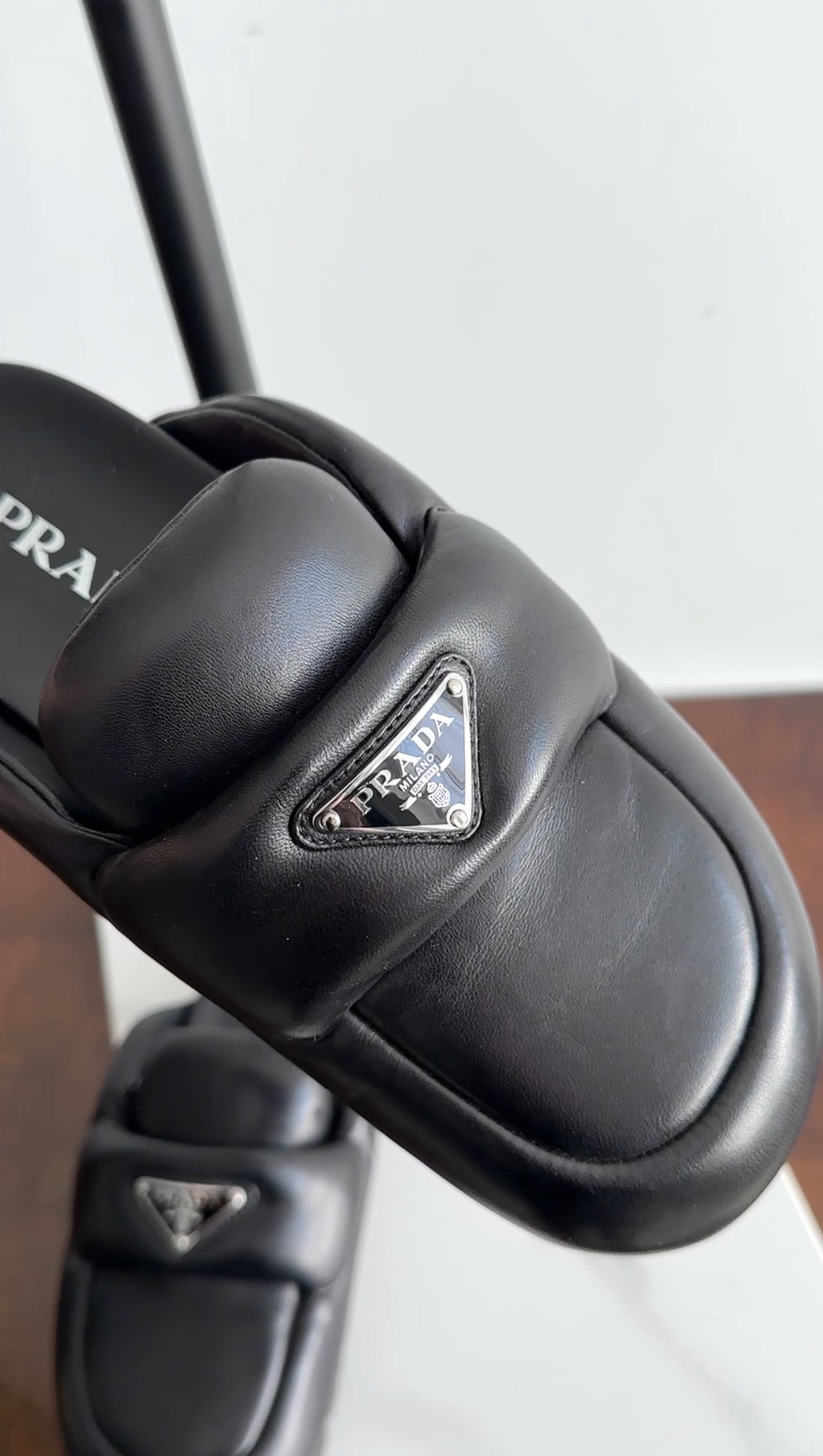 Prada Black Leather Triangle Logo Puffer Slide Mule Shoes - 36.5 / 37