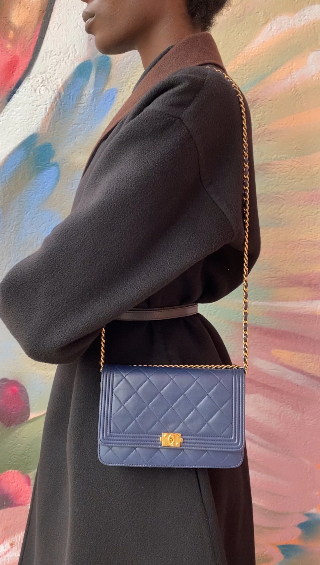 Chanel Navy Quilted Leather Boy Wallet on Chain GHW