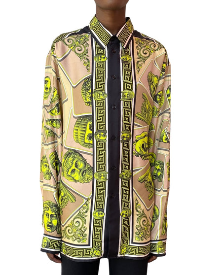 Versace Lime Green Le Maschere Baroque Logo Shirt - IT 54 / XL