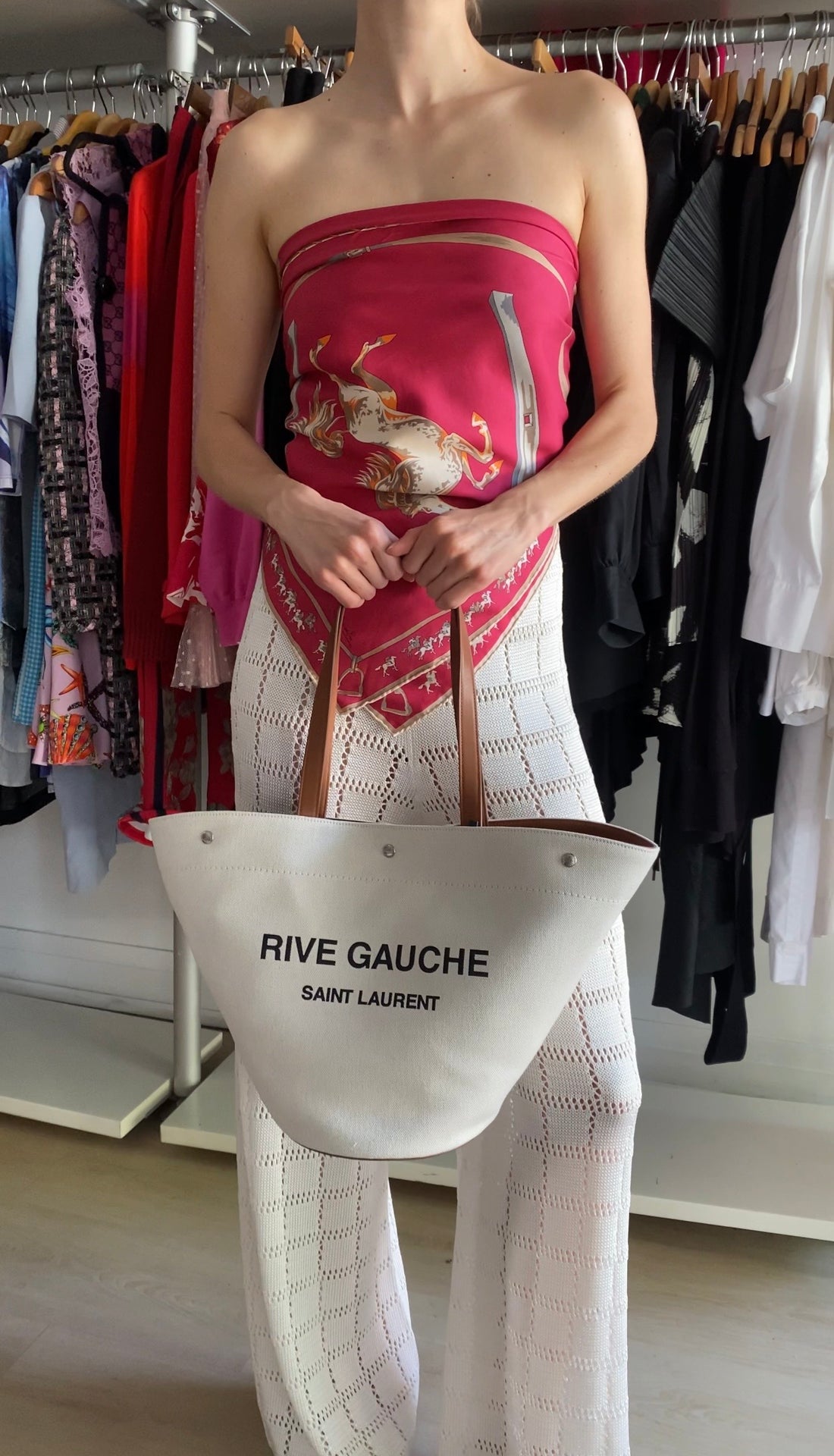 Saint Laurent Rive Gauche Canvas and Tan Leather Triangle Tote Bag
