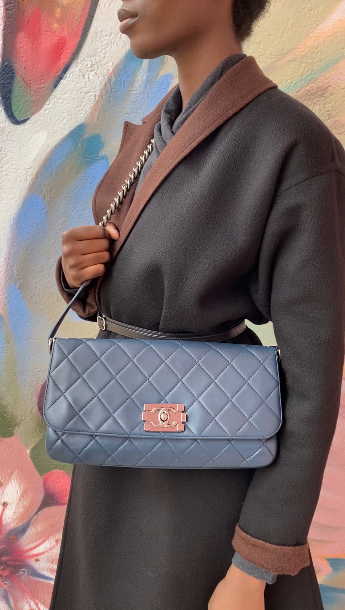 Chanel Navy Blue Quilted Leather Boy Clasp Flap Messenger Bag