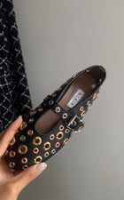 Alaia Black Leather Mixed Metal Eyelet Mary Jane Ballet Flats -36