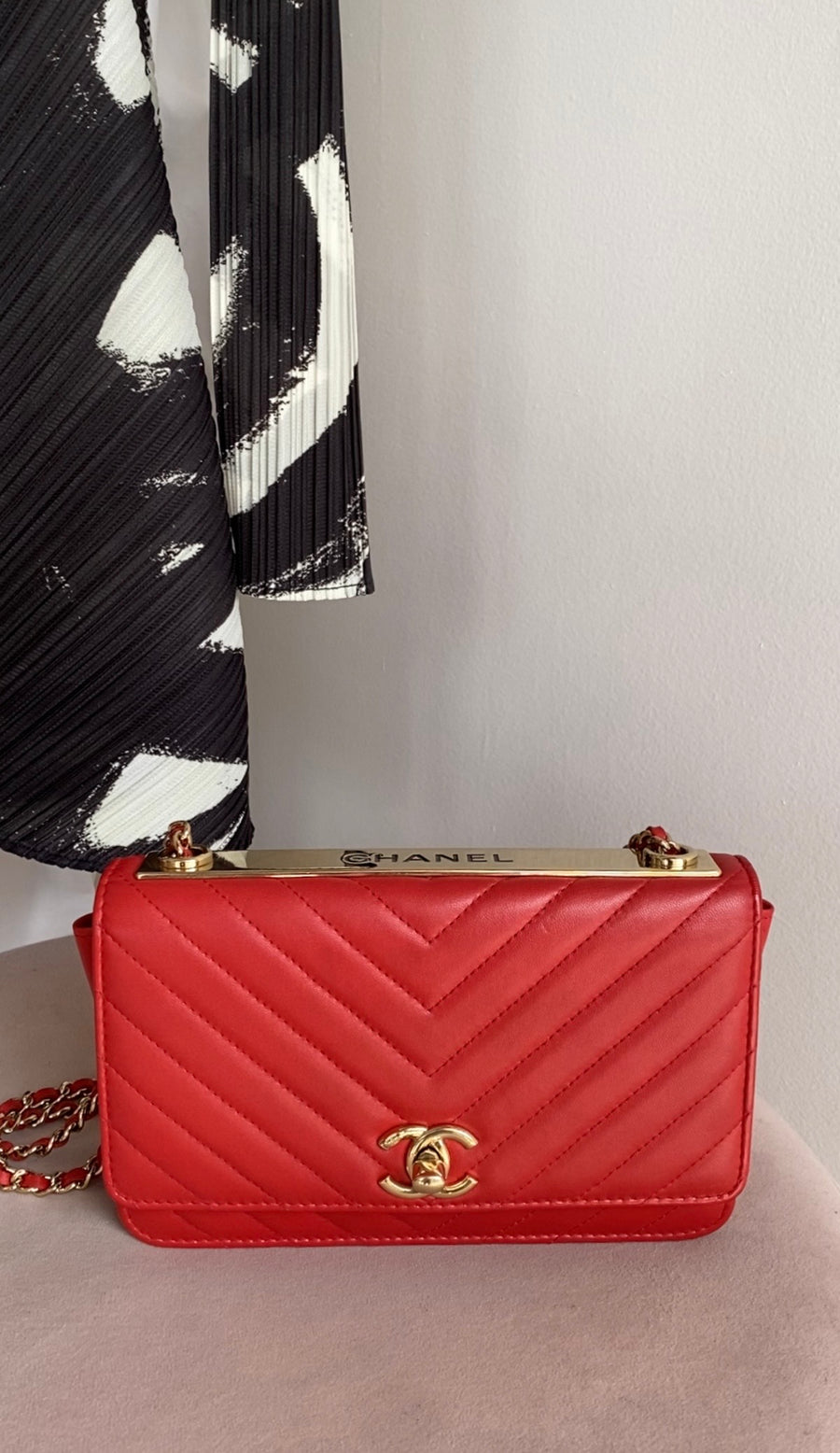 Chanel Red 2019 Chevron Lambskin Trendy WOC Wallet on Chain Bag