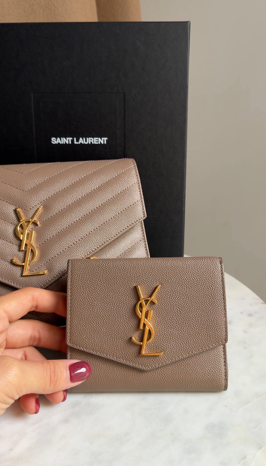 Saint Laurent Taupe Beige Grain de Poudre Monogram Uptown Compact Wallet