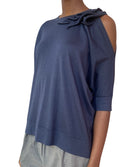 Brunello Cucinelli Navy Exposed Ruffle Shoulder Knit Top - L